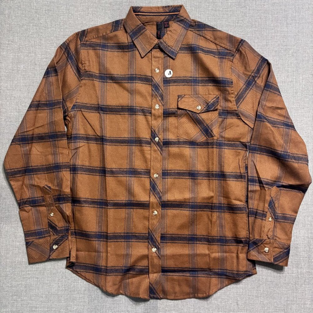 Mens Medium Plaid Button-Up Shirt Brown & Blue 55% Cotton 45% Polyester